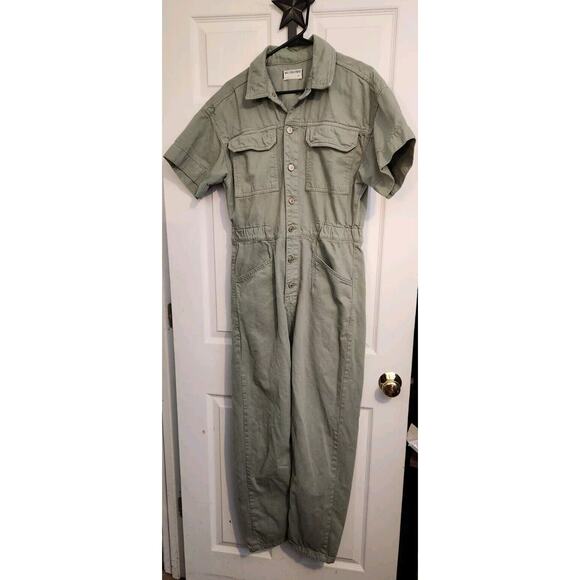 Free People Marci Coverall Cotton Denim Jumpsuit in Washed Army Green Sz‎ M NWT - Picture 1 of 11